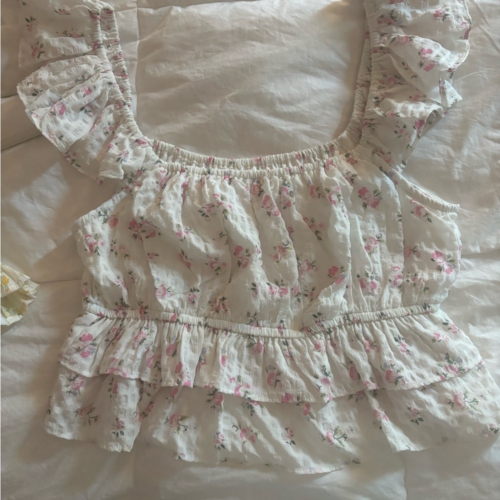 Altar'd State Floral Ruffle Blouse - White and Pink